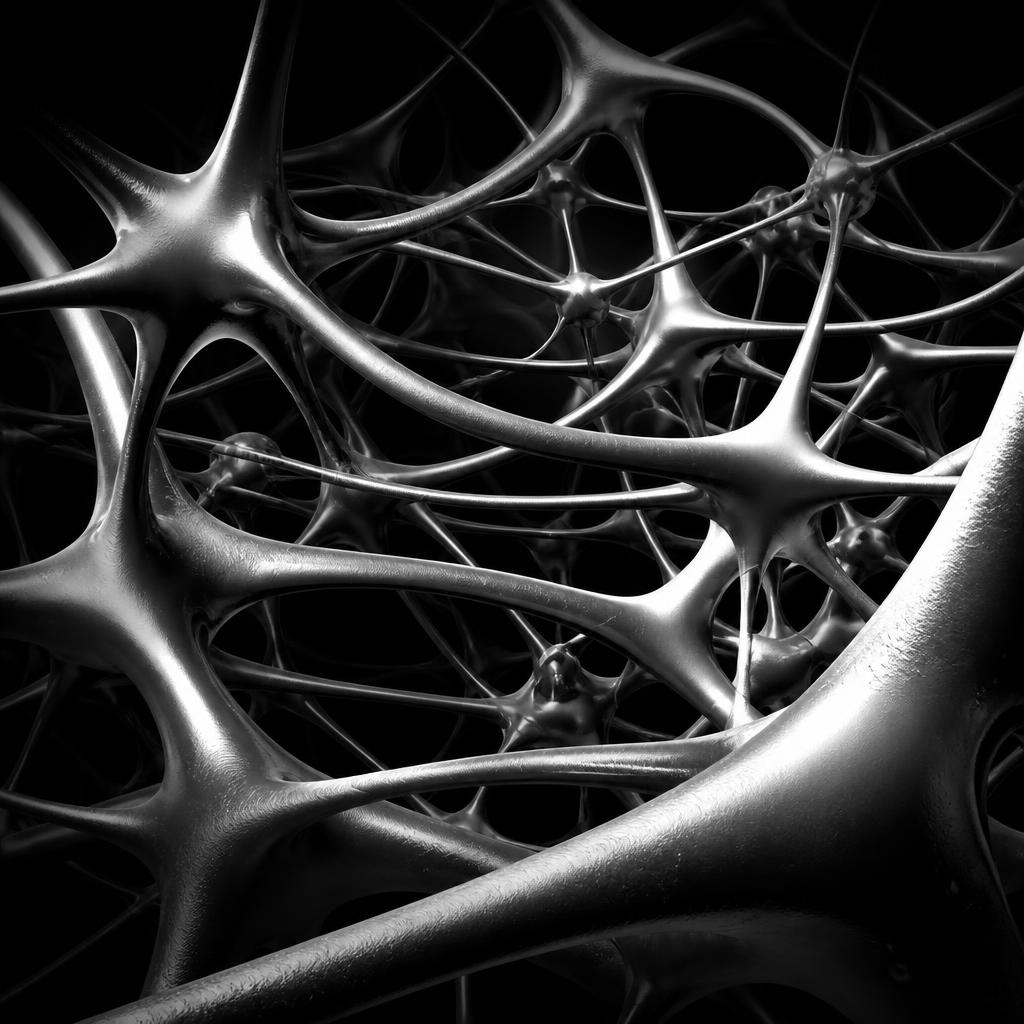 Red neuronal metálica abstracta en blanco y negro, estructura orgánica interconectada