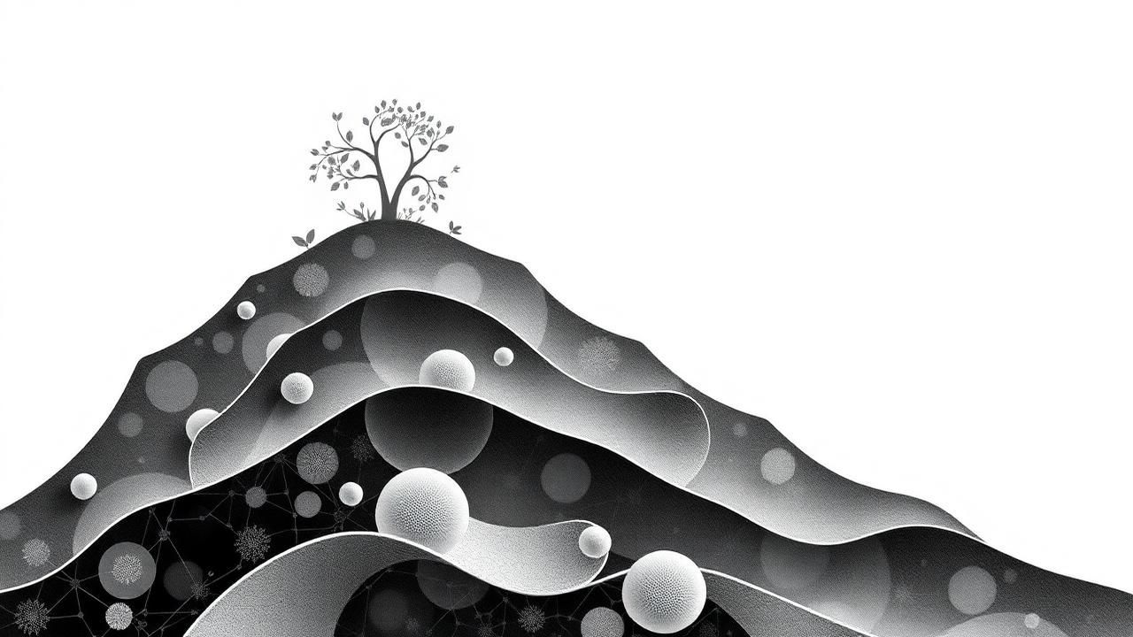 Estructura geométrica ascendente en blanco y negro — plan progresivo de SEO y GEO