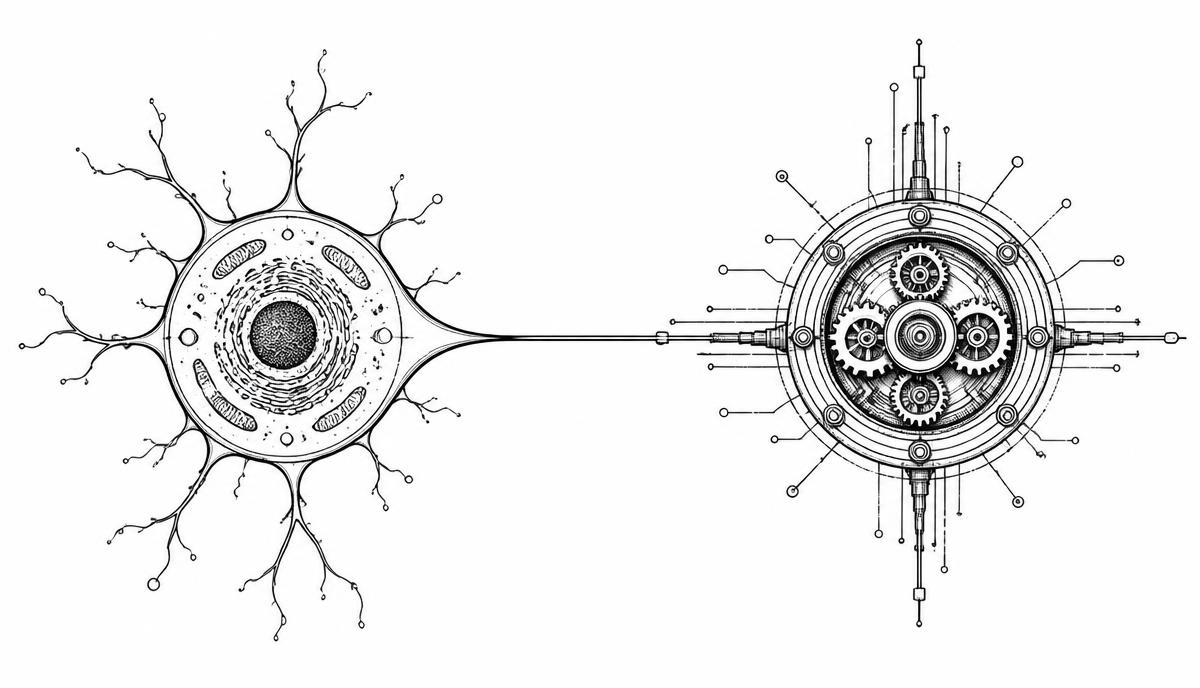 Estructura de dos nodos conectados — uno orgánico celular, otro mecánico industrial — en blanco y negro