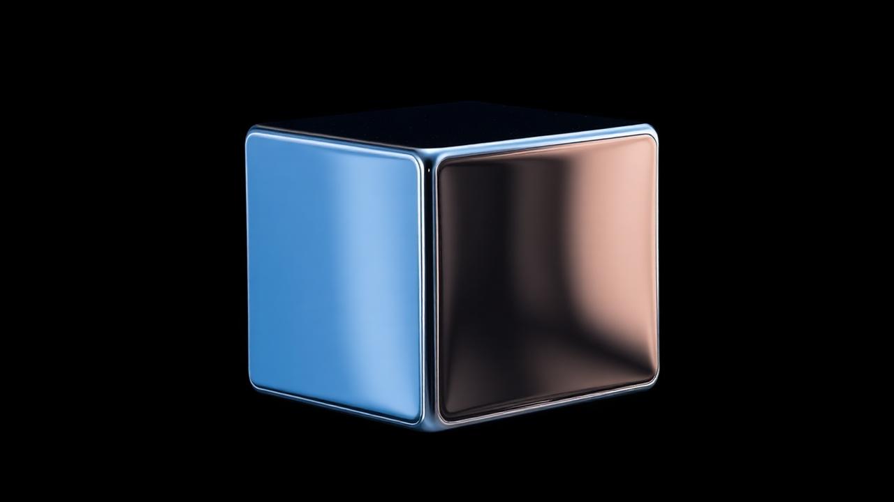 Cubo metálico con reflejos cobalto y cobre sobre fondo negro